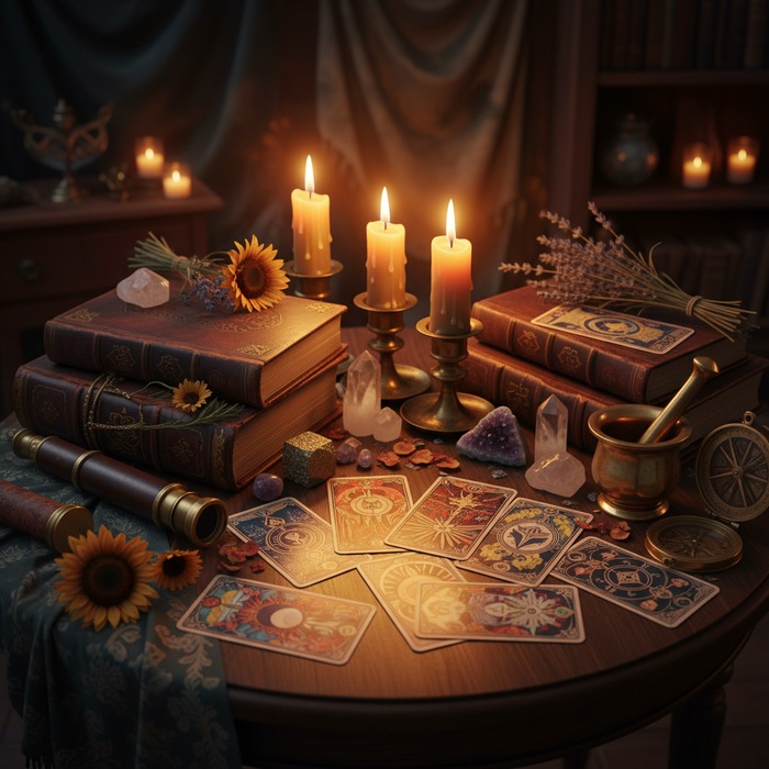 Table de cartomancie avec bougies, cristaux et cartes